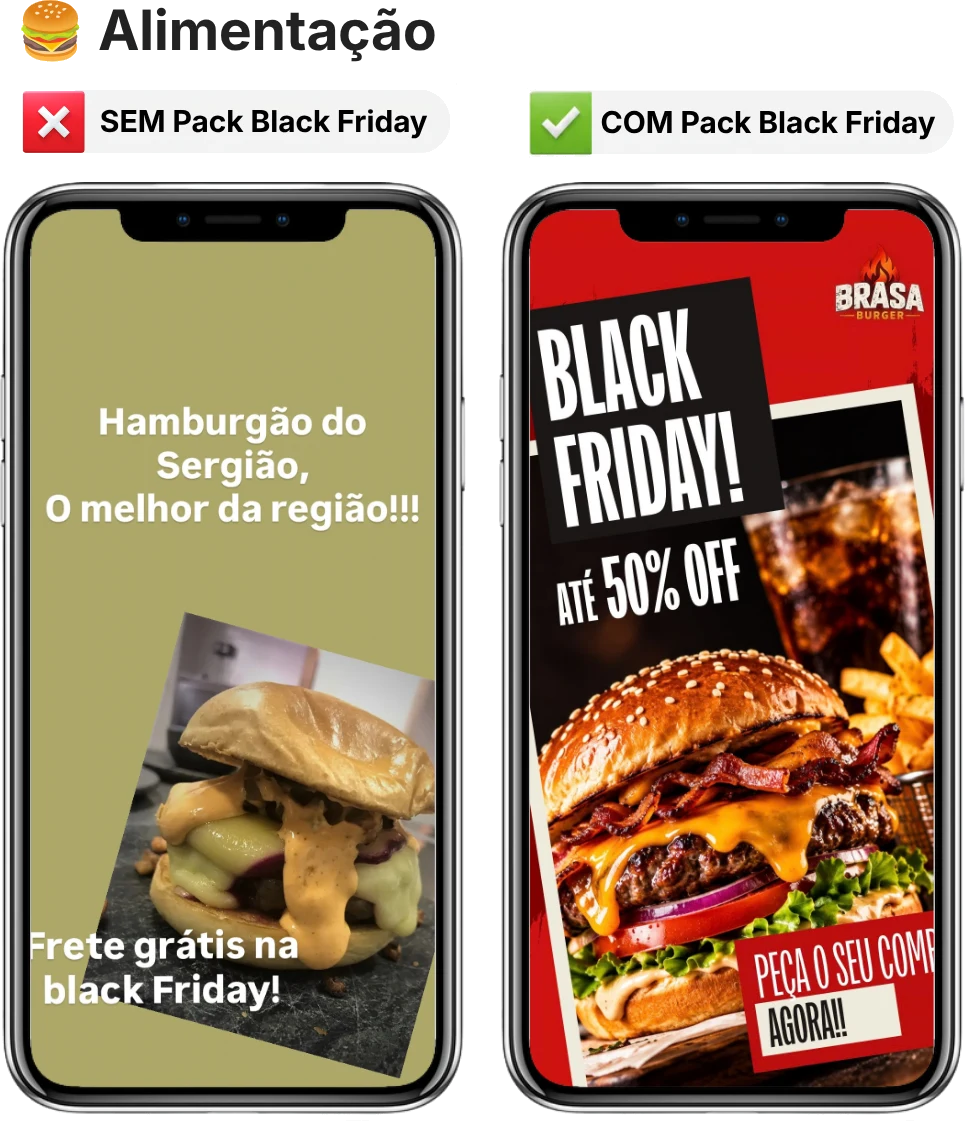 Alimentação: story improvisado sem o Pack Black Friday e story profissional com o Pack Black Friday