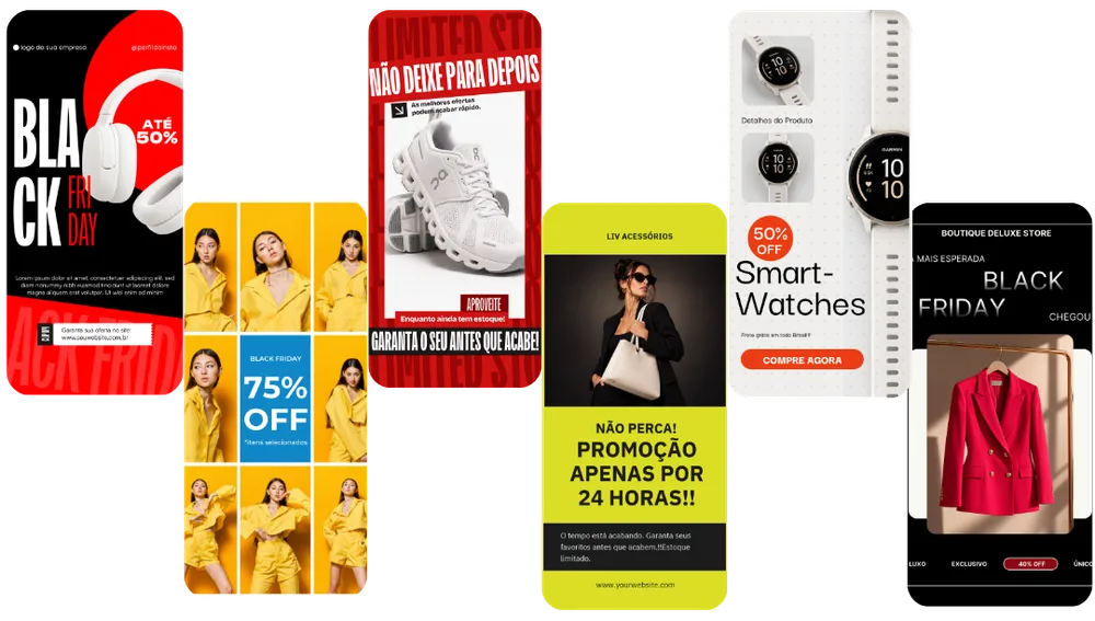 Os 6 estilos visuais diferentes de templates de Black Friday do pack